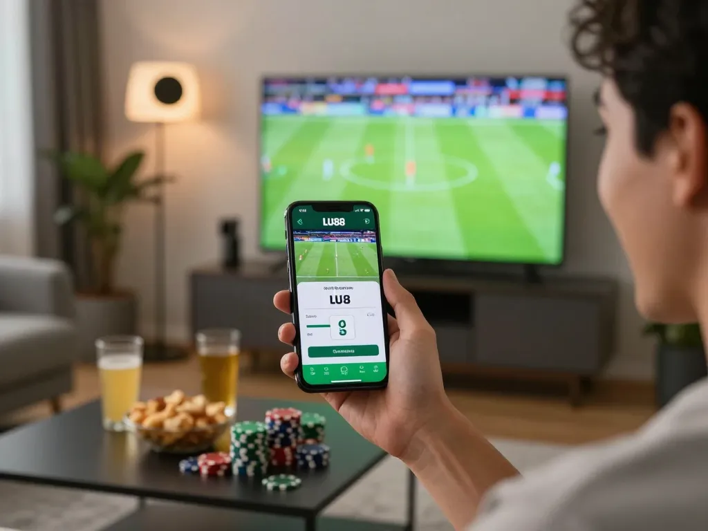 Person engaging with LU88 app for live sports betting in a vibrant home setting.