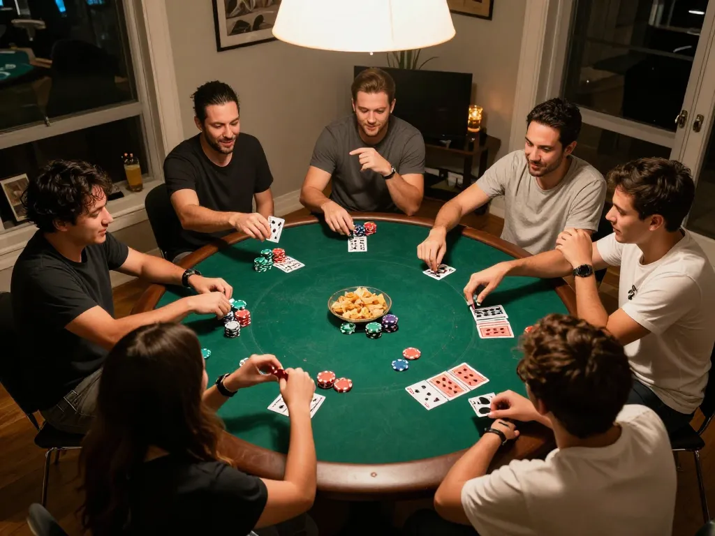 Friends enjoying a poker game at home, with 789 club prominently displayed through poker chips and cards.