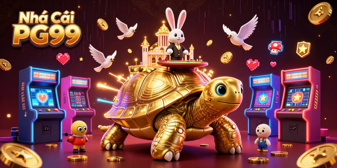 Experience the thrill of Nhà cái PG99 with a vibrant 3D casino scene featuring a giant tortoise and card games.