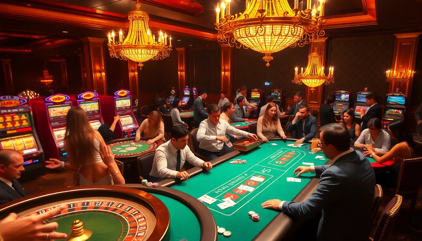 Những người chơi cá cược đang tận hưởng bầu không khí casino sang trọng tại LUCK8, với các bàn chơi và hoạt động sôi động.