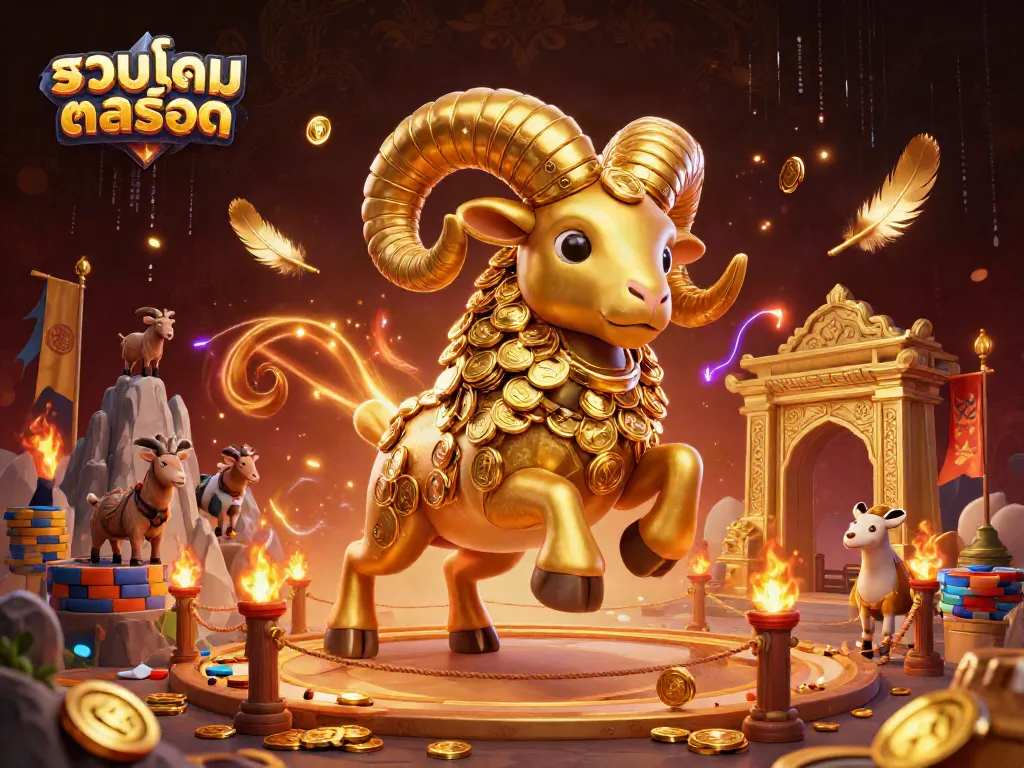 Engage in รวมเกมสล็อต action with a dynamic golden ram at a grand casino gate