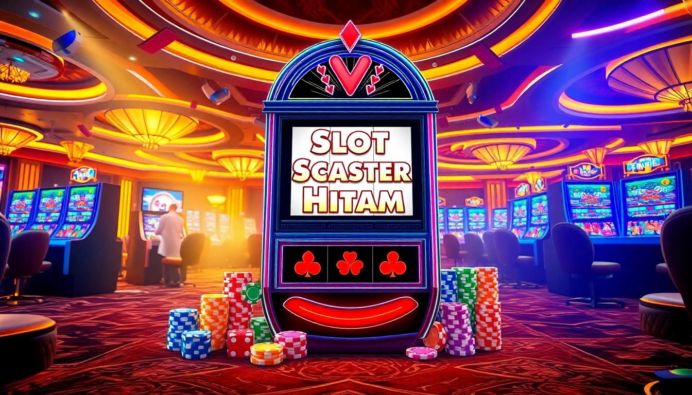 Experience the thrill of Slot Scatter Hitam with an exciting casino scene featuring colorful slot machines and gambling elements.