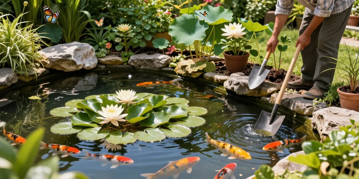 Pond plants flourishing in a serene garden pond with koi fish, reflecting nature's beauty.