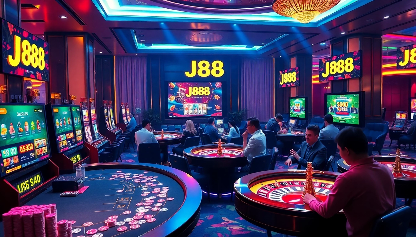 Players enjoying an exciting game at the J88 casino interface, revealing vibrant chips and cards.