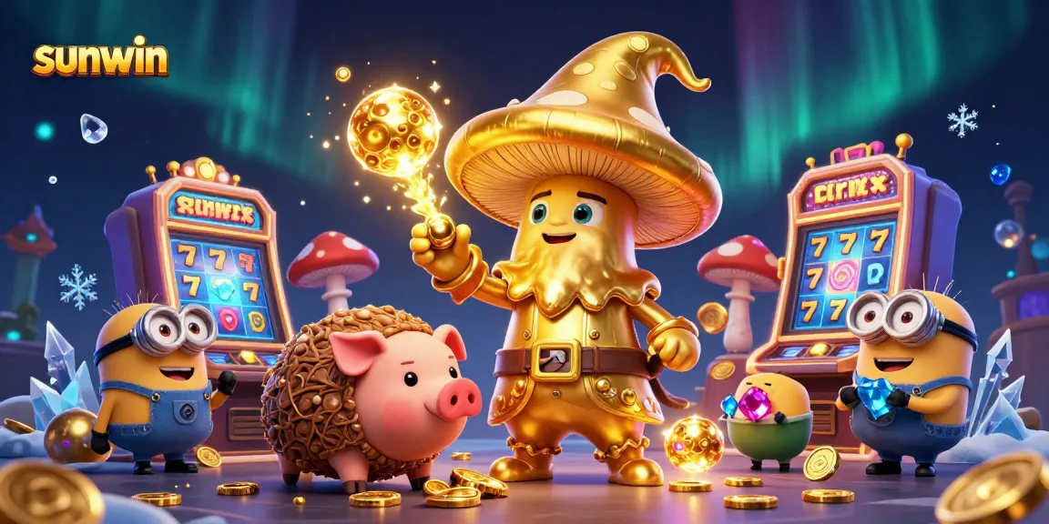 Experience the magic of sunwin with a gaming wizard, treasure-hunting pig, and vibrant casino elements.