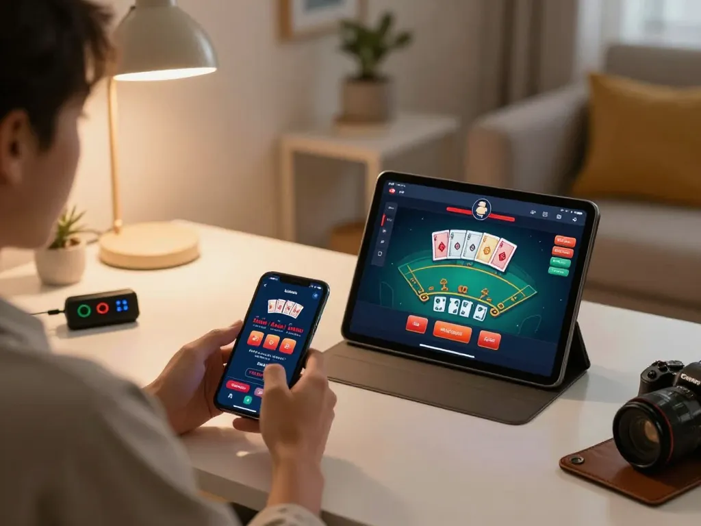 Hitclub mobile gaming setup showing a person actively playing blackjack on smartphone.