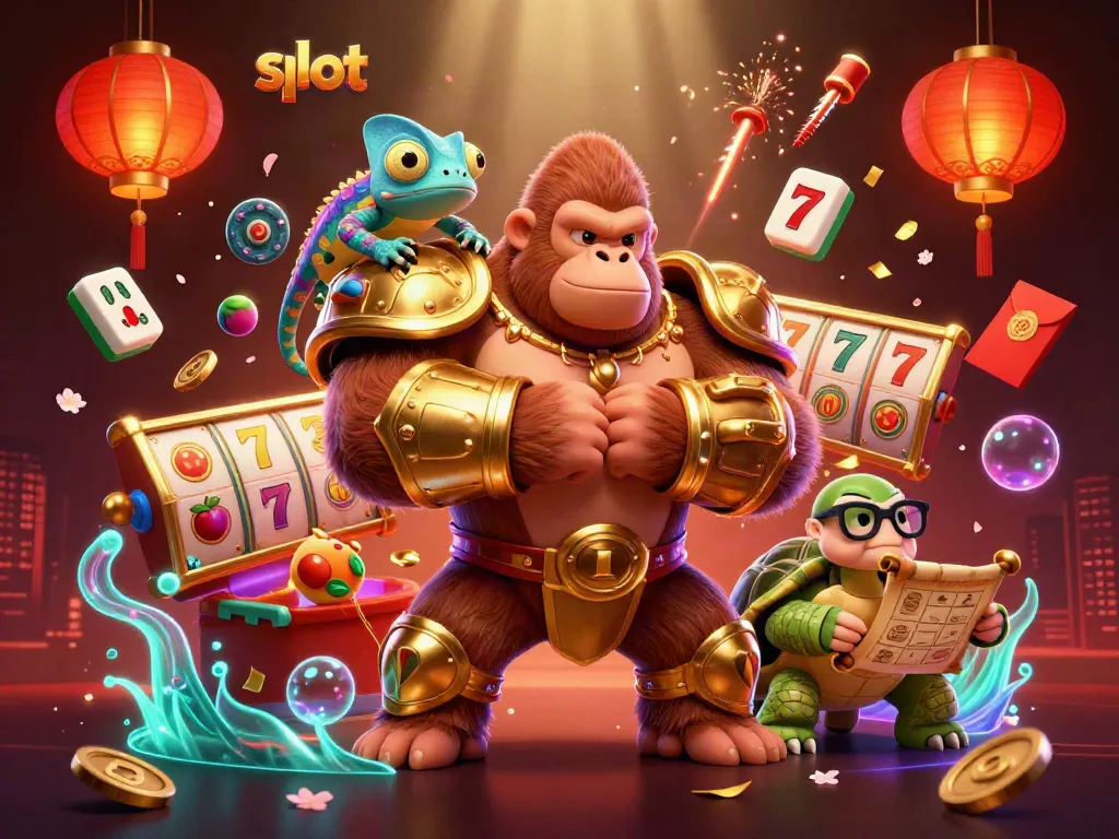 Spin the slot reels with vibrant symbols in this dynamic 3D gambling illustration.