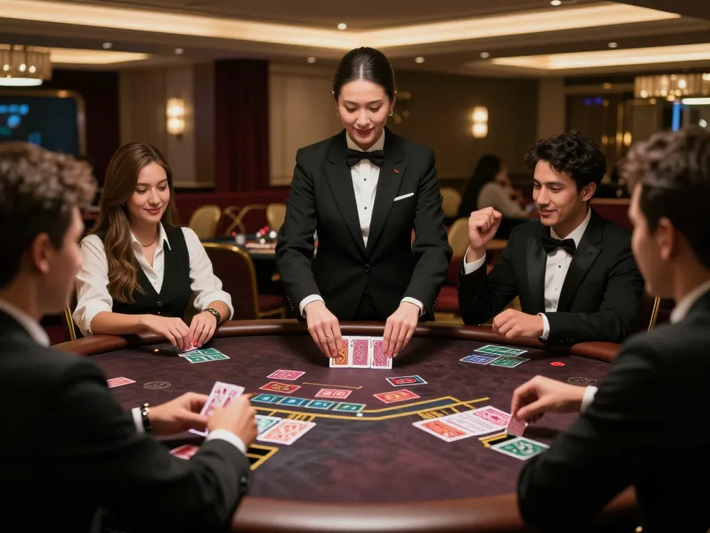 FB88 blackjack players celebrating a win with a live dealer in an upscale casino atmosphere