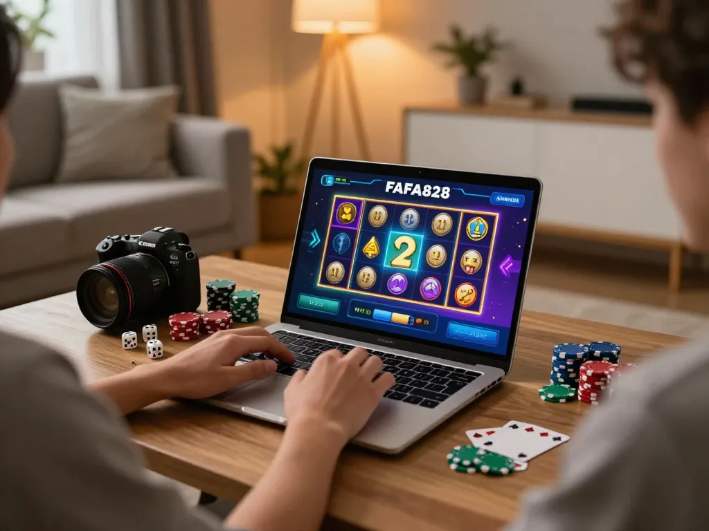 Engaged player exploring FAFA828 online gaming portal on a laptop, showcasing a vibrant slot game.