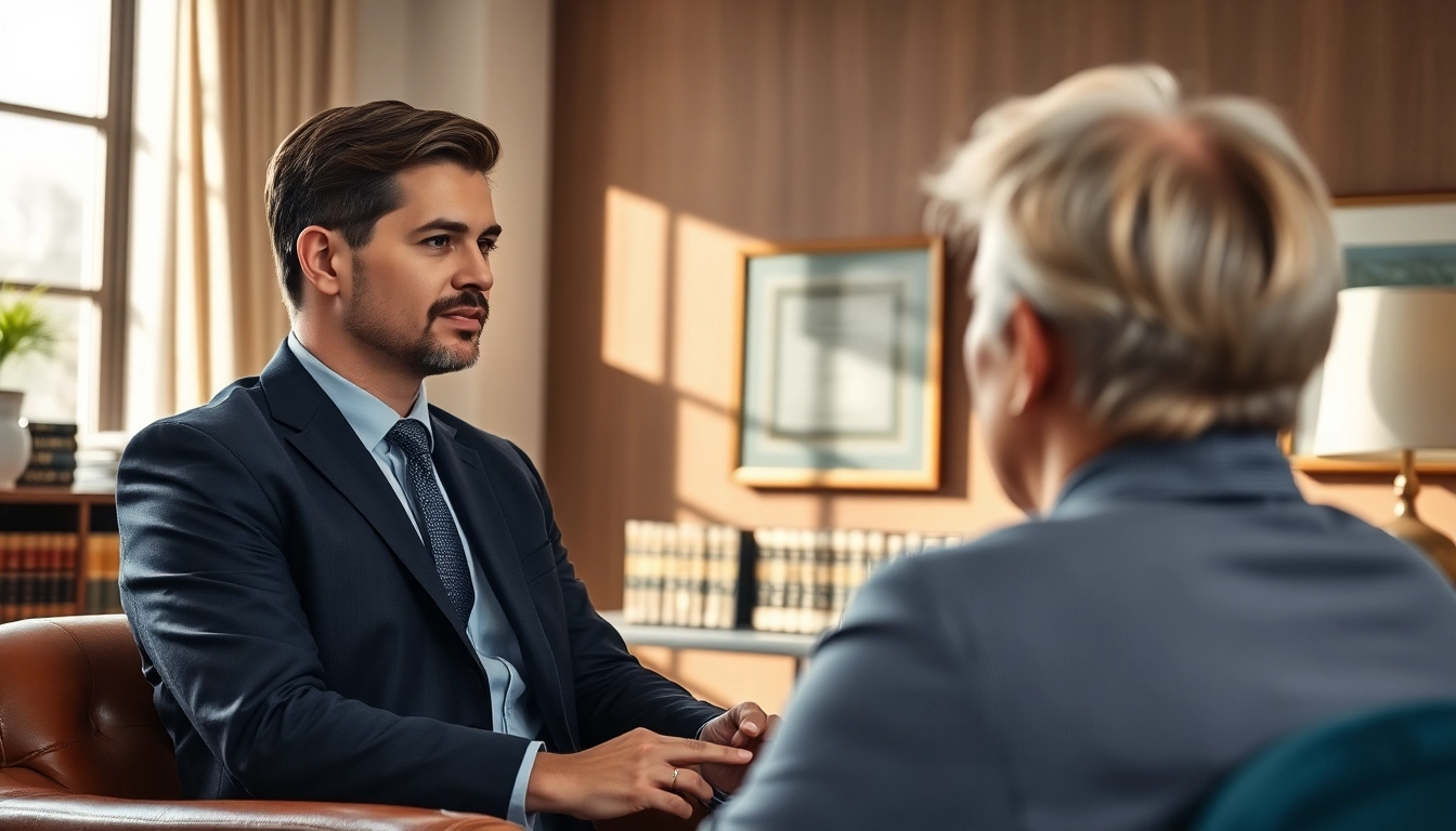 Consultative scene of a Manassas Personal Injury Lawyer meeting with a client in a professional office.