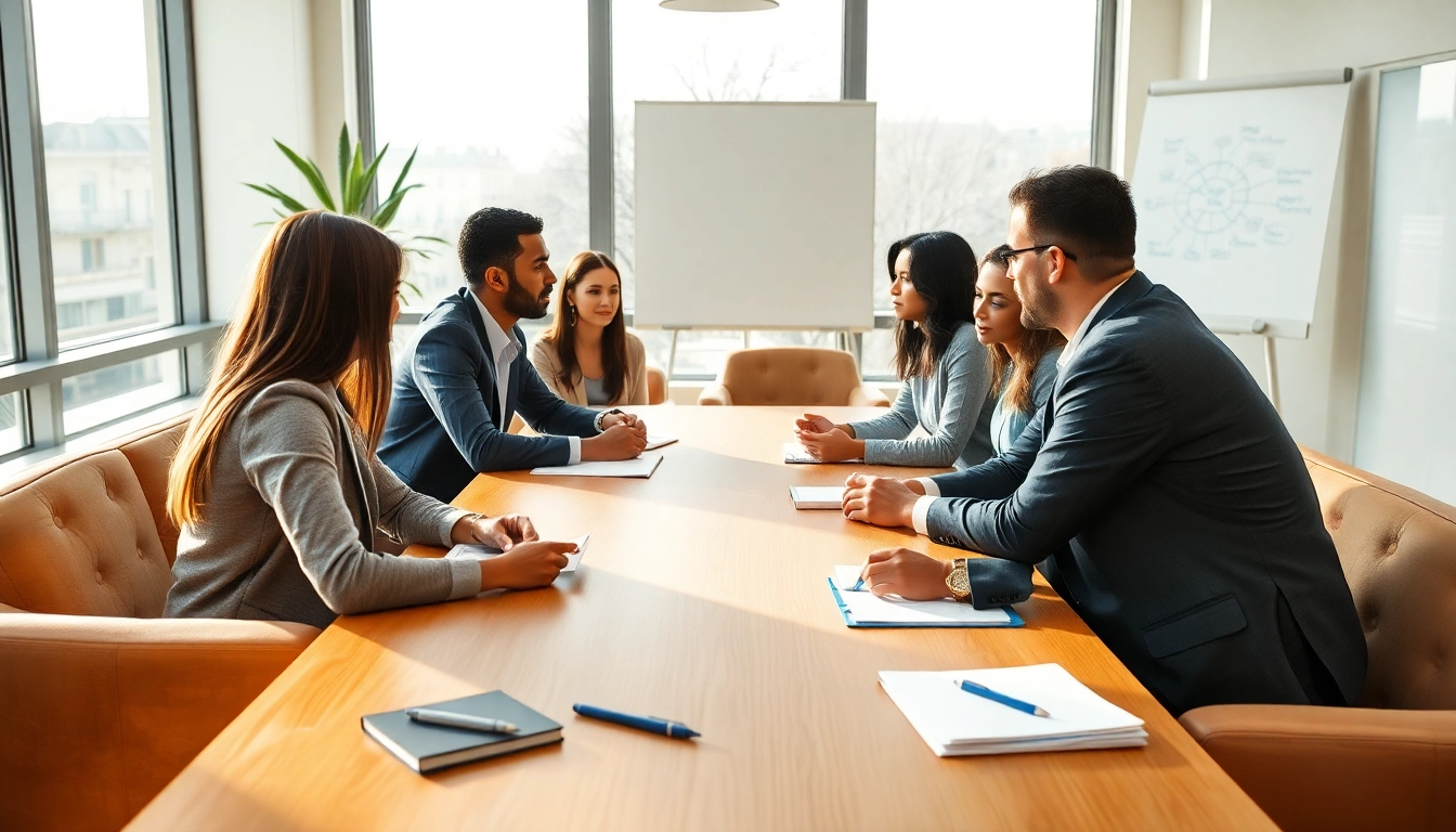 Leadership development coach guiding a diverse team in an inspiring office setting.