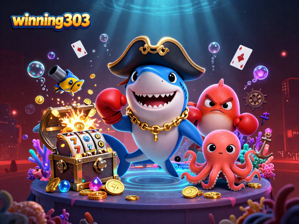 Winning303 attracts players with a vibrant 3D casino scene featuring a pirate shark, pufferfish, and octopus.