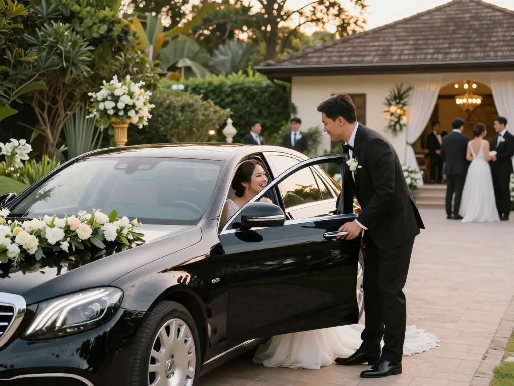 Thuê một chiếc Mercedes cưới cho lễ kỷ niệm thanh lịch với một chiếc xe sang trọng và cặp đôi vui vẻ.