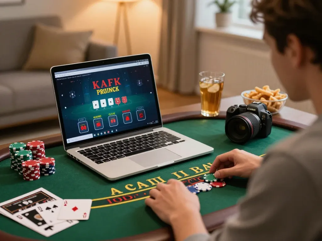 Player enjoying blackjack on their laptop with G28 setup, highlighting online gambling excitement.