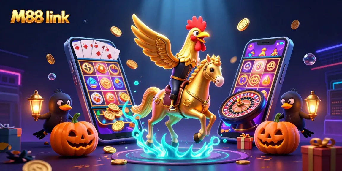 Engage with the thrilling M88 link casino illustration showcasing dynamic gaming action and vibrant elements.