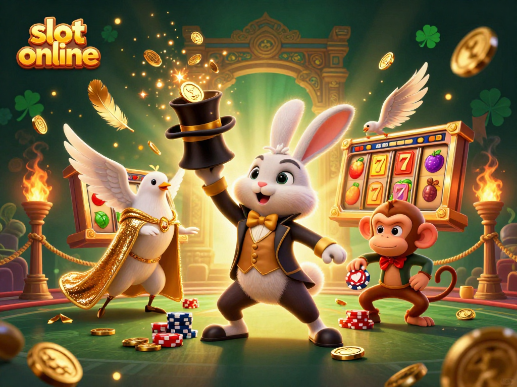 Watch the magician rabbit and friends celebrate slot online with golden coins and jackpot fun.