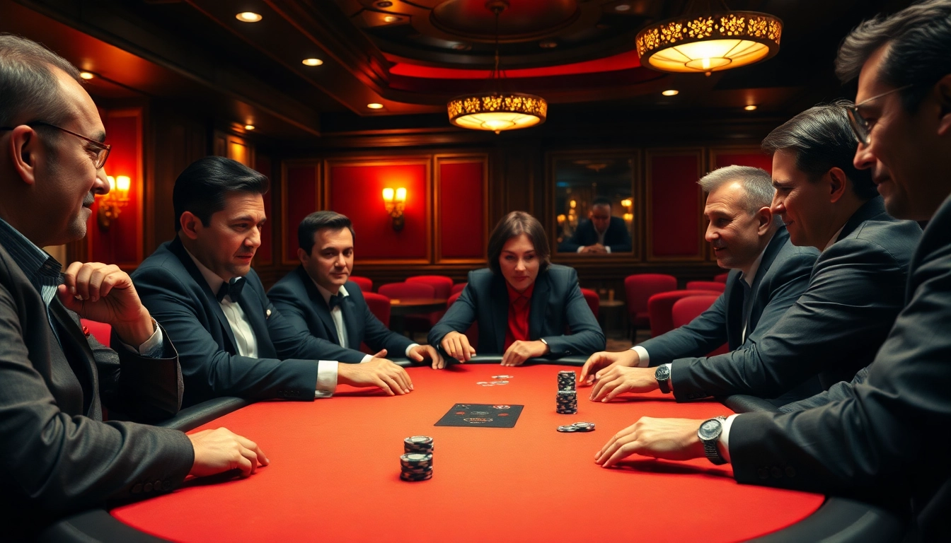 MABAR88 dalam suasana kasino dengan meja poker yang penuh semangat dan pemain yang terlibat.