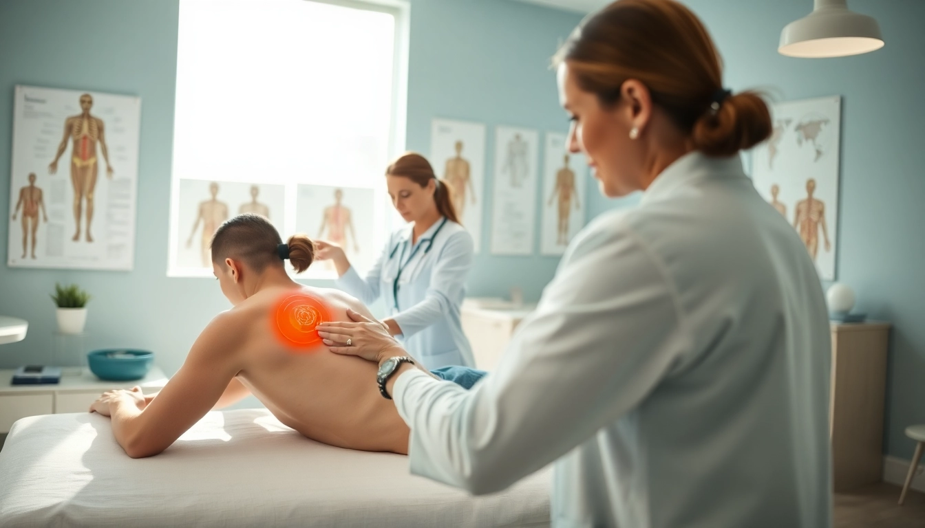 Patient engaged in back pain remedies with a physiotherapist in a plush clinic.