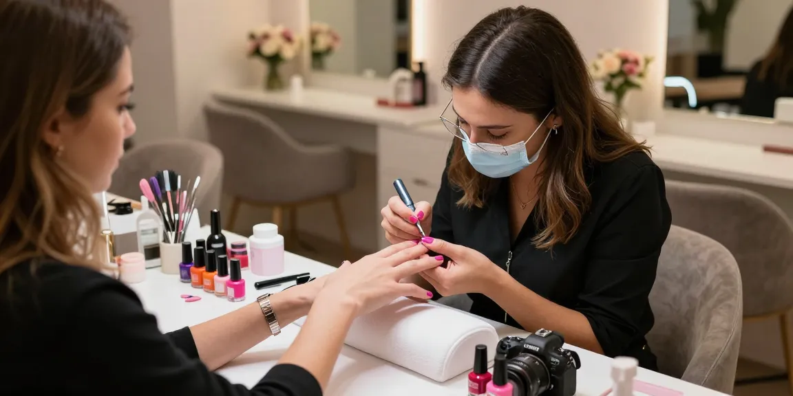 Aplicând oja semipermanentă într-un salon de unghii elegant, cu culori vibrante de ojă gel și unelte pentru artă națională.