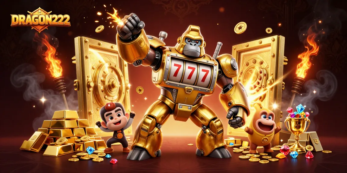 Engage with the dynamic DRAGON222 scene featuring a golden gorilla mech surrounded by treasure and lively casino elements.