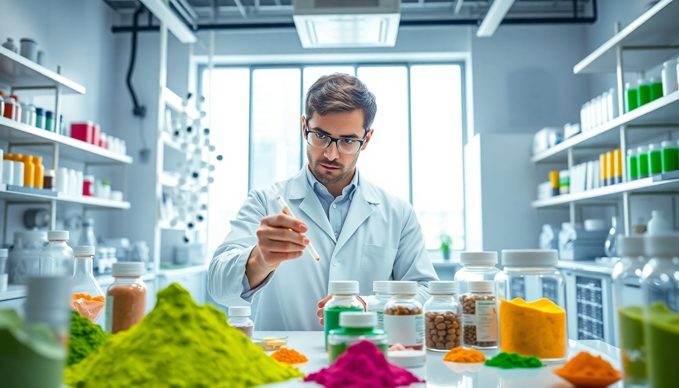 Showcasing best supplement manufacturers UK in a modern laboratory with vibrant colors and professional setting.