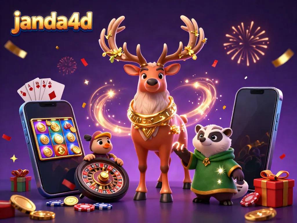 Janda4d melakukan taruhan slot yang menarik dengan latar belakang warna yang mencolok dan elemen kasino yang meriah.