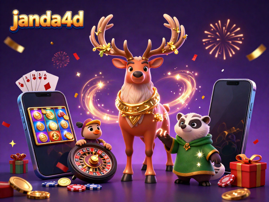 Janda4d melakukan taruhan slot yang menarik dengan latar belakang warna yang mencolok dan elemen kasino yang meriah.