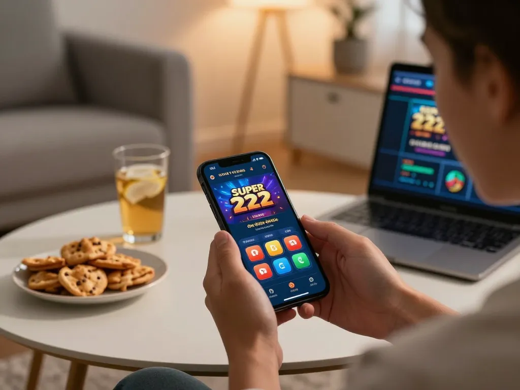 Player enjoying the Super 222 casino app on smartphone in a cozy home setting while sipping drinks.