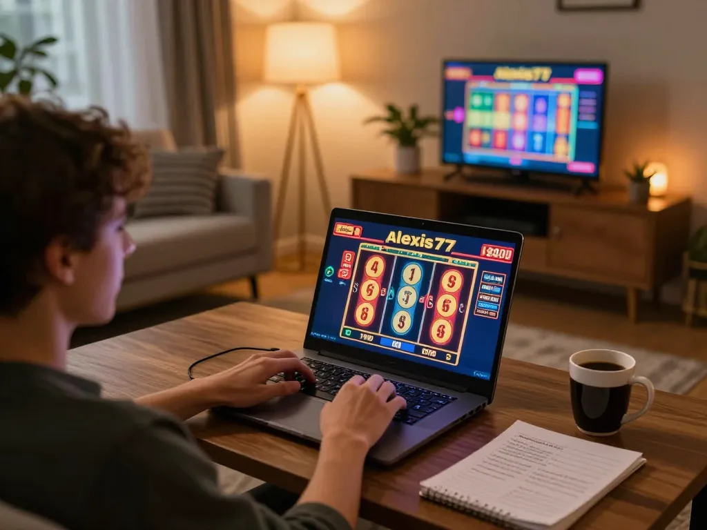 Engaging gaming session on alexis77 platform with colorful slot reels displayed on laptop.