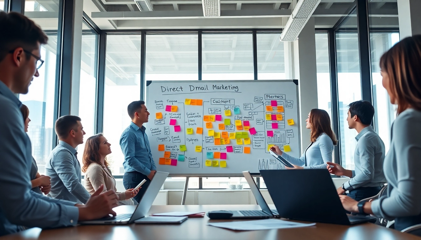 Team discussing innovative strategies at a direct mail company meeting in a vibrant office.
