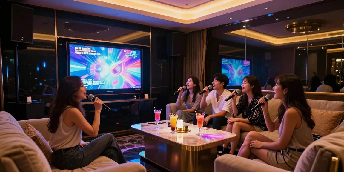 강남가라오케에서 친구들과 함께 노래를 부르는 즐거운 순간, 고급스러운 인테리어와 아늑한 공간.