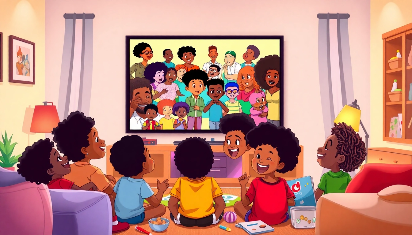 Children enjoying African American cartoons in a colorful living room setup.