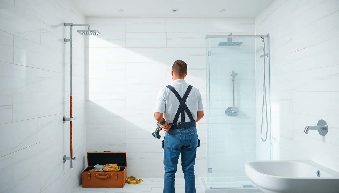 Skilled shower fitters installing fixtures in a modern bathroom style.