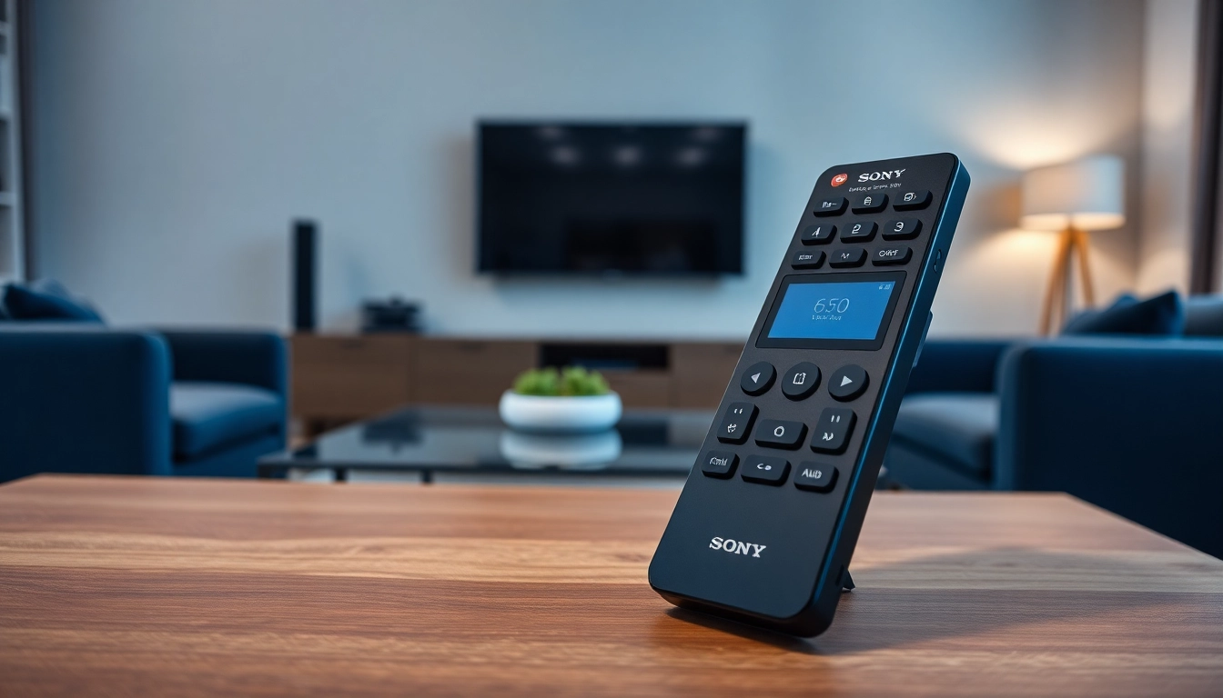 Sony Universal Fernbedienung elegant auf einem modernen Tisch in einem stilvollen Wohnzimmer platziert.