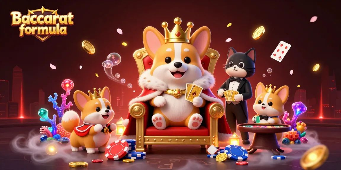 Illustration depicting the Baccarat formula with a regal corgi on a throne of poker chips, showcasing a luxurious casino ambience.