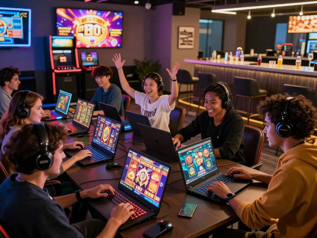 Engaging online gaming experience with players enjoying vegasslot77.com in a vibrant lounge.