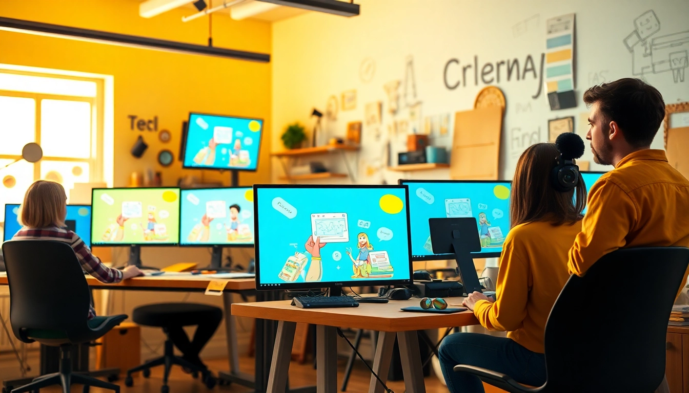 Erklärvideo in modernem Studio, animatoren arbeiten an kreativen Grafiken.