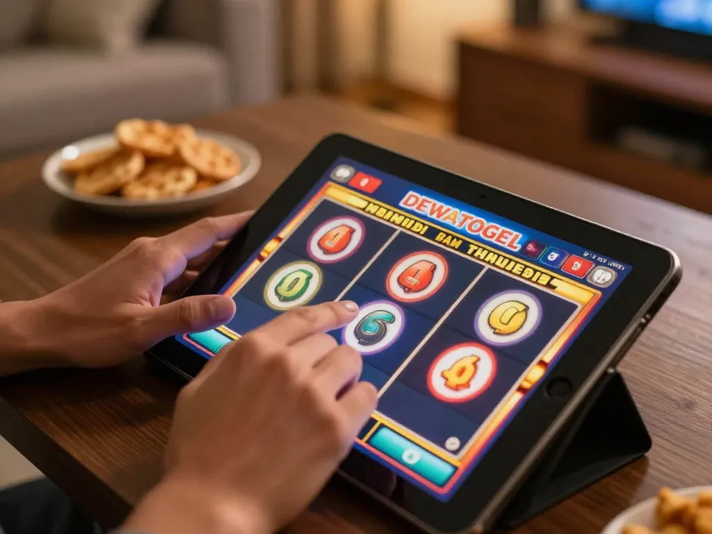 Gamer using DEWATOGEL slot interface on a tablet, creating thrilling online gambling moments.