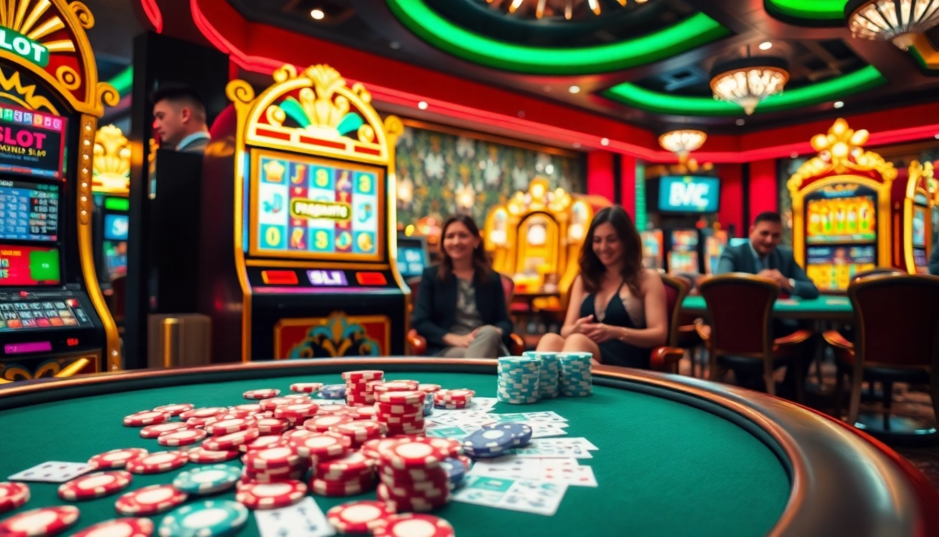 Players enjoying a pragmatic slot machine in a vibrant casino setting with poker chips and cards.