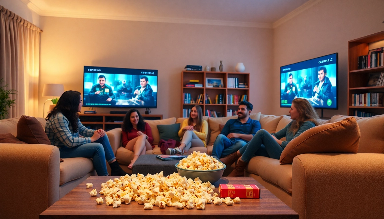 Enjoy a group of friends watching series online in a cozy living room setting.