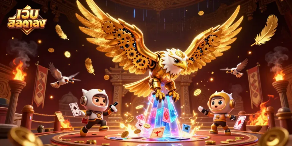 เล่นเกมสล็อตออนไลน์บนเว็บสล็อตตรงพร้อมภาพการ์ตูนของนกทองคำและการ์ดฮอโลแกรม