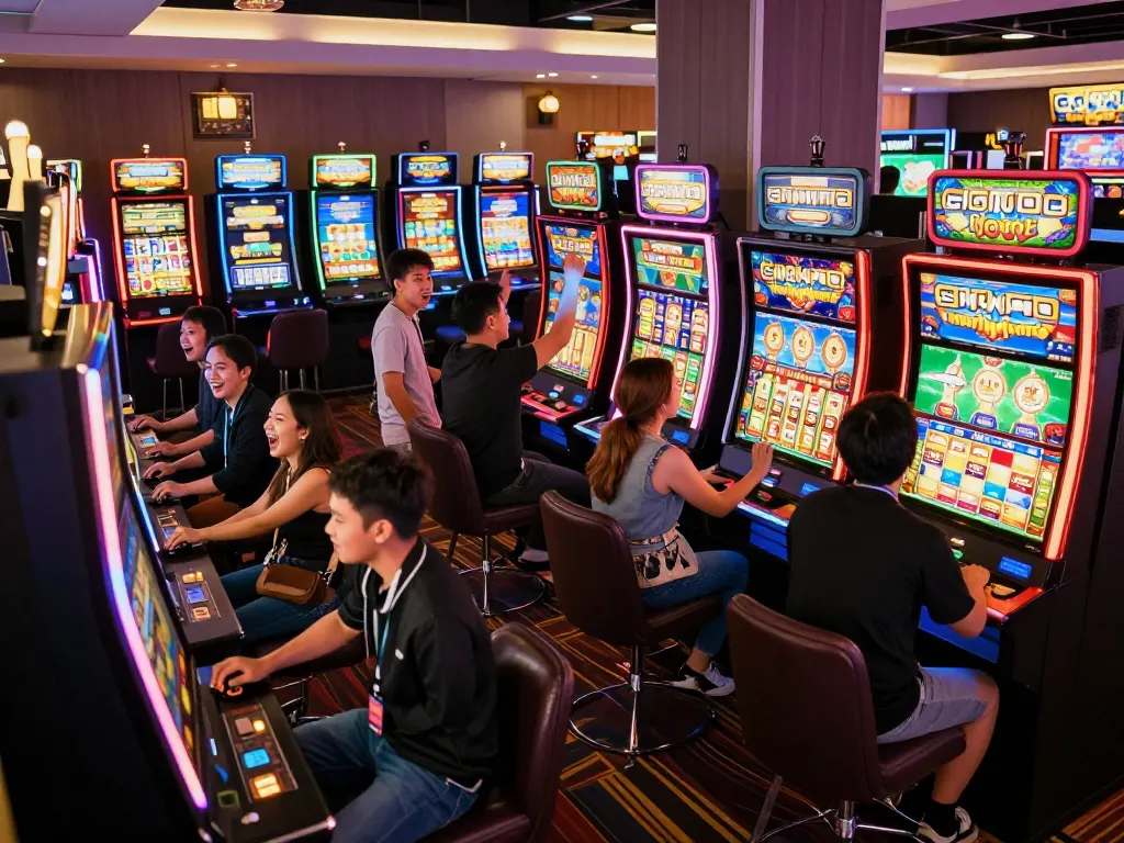 Gamblers enjoying a thrilling Gojekpot slot machine experience in a lively casino atmosphere