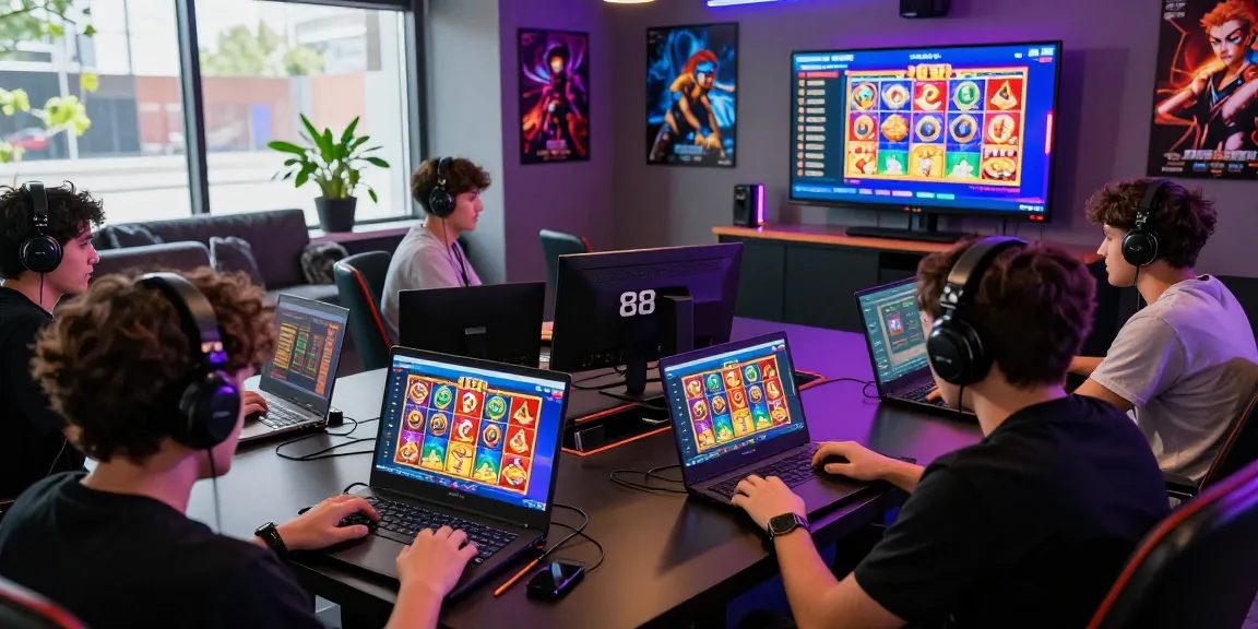Players enjoying the excitement of slot88 games on various devices in a vibrant gaming lounge.