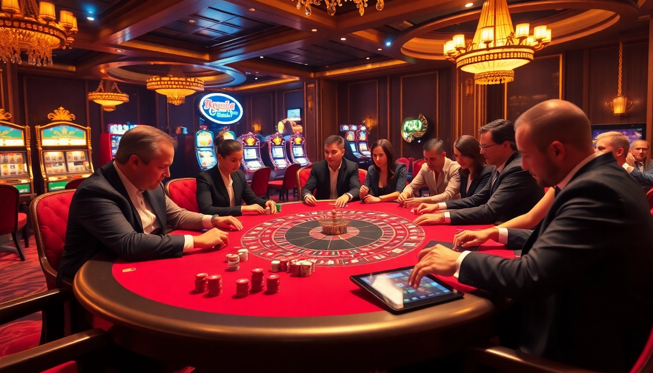 Engaged players at a luxurious casino poker table surrounded by vibrant chips reflect the excitement of https://nh88.net/.