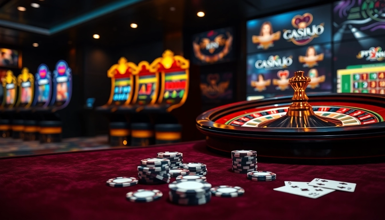 Scène excitante de casino en ligne avec des machines à sous vibrantes et des jeux de casino.