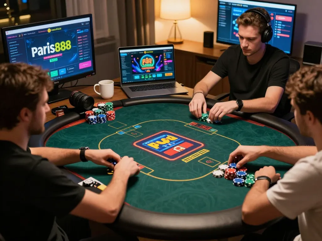 Players experiencing intense action on the paris888 online poker platform in a cozy home setting.