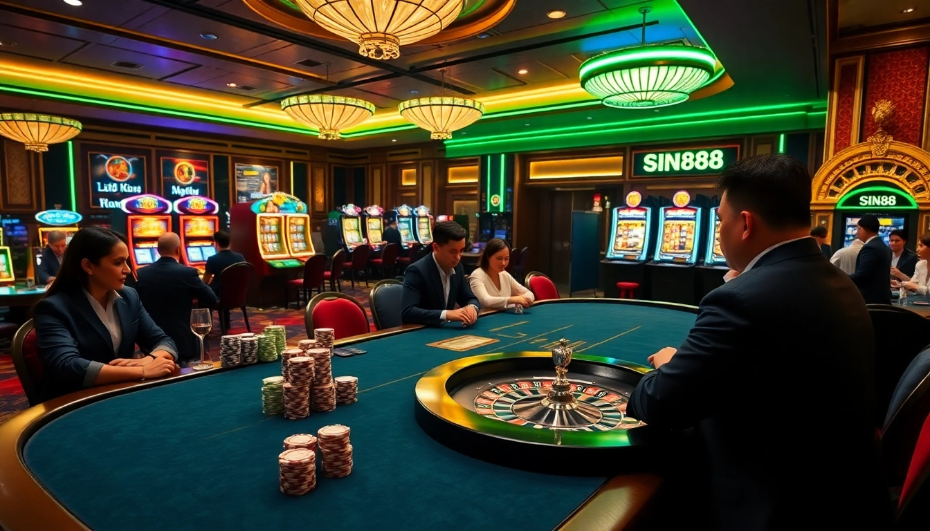 SIN88 players engaging at a vibrant poker table in a luxurious casino setting.