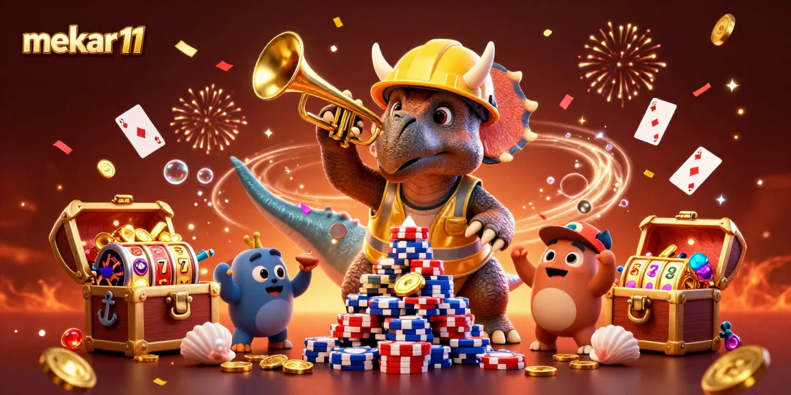 Win big with mekar11 as a triceratops builds a poker chip pyramid in this vibrant casino scene.