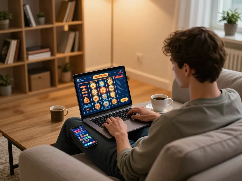 Engaging online gaming moment at FIVE88 with player focused on slots while enjoying home comfort.