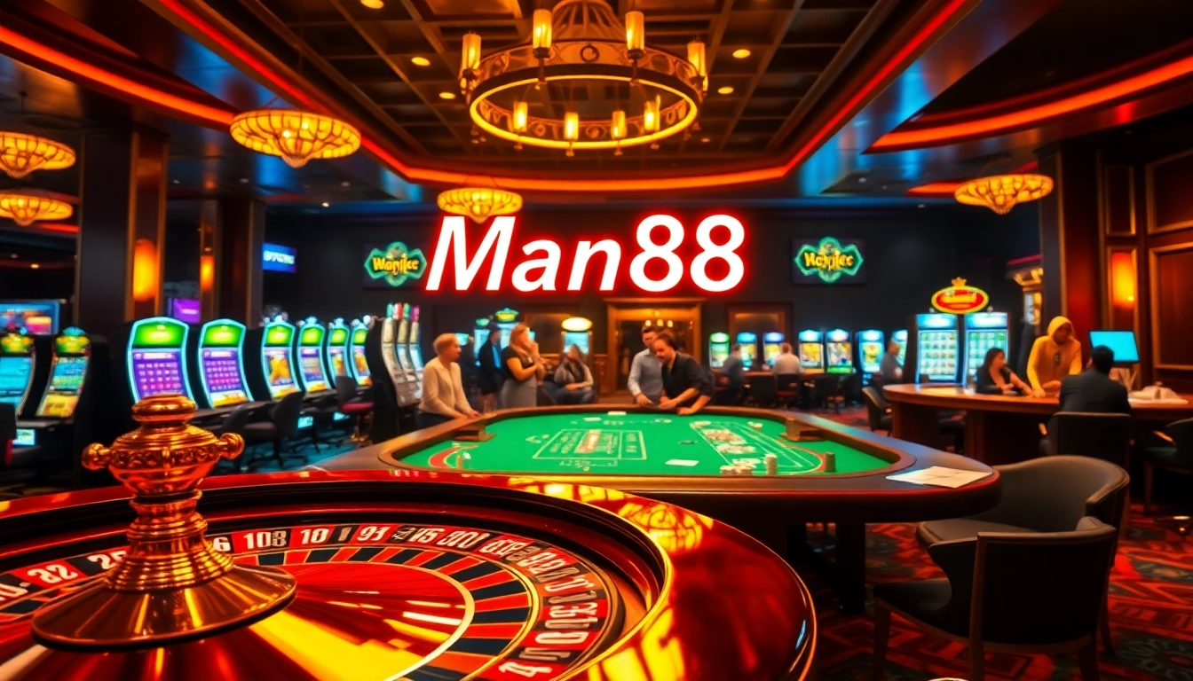 Experience the excitement of Man88 casino gaming with vibrant poker tables and roulette wheels.